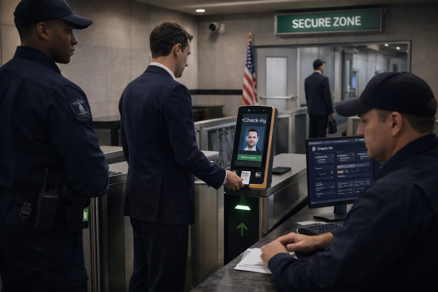 Punto de control de zona segura gubernamental y verificación de acceso